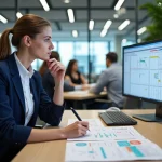 Femme en bureau moderne comparant un tableau Excel et un logiciel de planning en ligne sur deux écrans