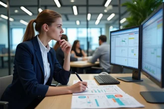 Femme en bureau moderne comparant un tableau Excel et un logiciel de planning en ligne sur deux écrans