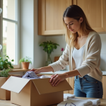 Femme française emballant des colis dans une cuisine lumineuse