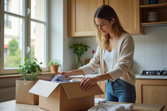 Femme française emballant des colis dans une cuisine lumineuse
