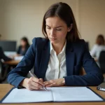 Femme au bureau examinant attentivement un contrat de travail avec des annotations sur les heures mensuelles