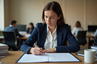 Femme au bureau examinant attentivement un contrat de travail avec des annotations sur les heures mensuelles