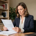 Femme cadre examinant un solde de tout compte sur son bureau dans un environnement professionnel
