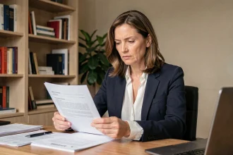 Femme cadre examinant un solde de tout compte sur son bureau dans un environnement professionnel