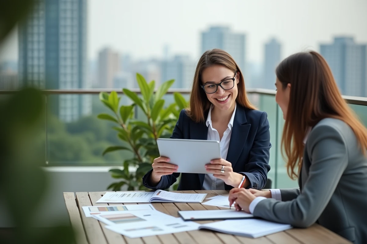 Jeune femme professionnelle expliquant un profil de bâtiment