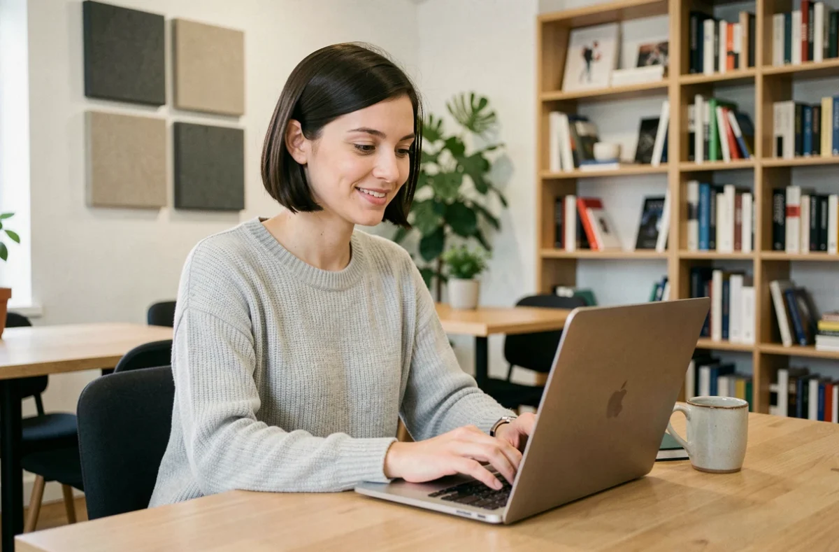 Jeune femme freelance travaillant sur son ordinateur portable dans un espace de coworking à Cholet