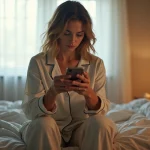 Femme hésitante au bord de son lit envoyant un message sur son téléphone pour s'absenter du travail