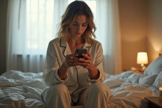Femme hésitante au bord de son lit envoyant un message sur son téléphone pour s'absenter du travail