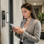 Femme installant l'application MonPortailSecuritas sur un smartphone Android devant une porte sécurisée d'appartement moderne
