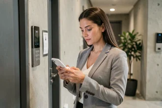 Femme installant l'application MonPortailSecuritas sur un smartphone Android devant une porte sécurisée d'appartement moderne