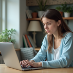 Jeune femme regardant son ordinateur à la maison