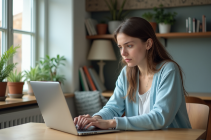 Jeune femme regardant son ordinateur à la maison