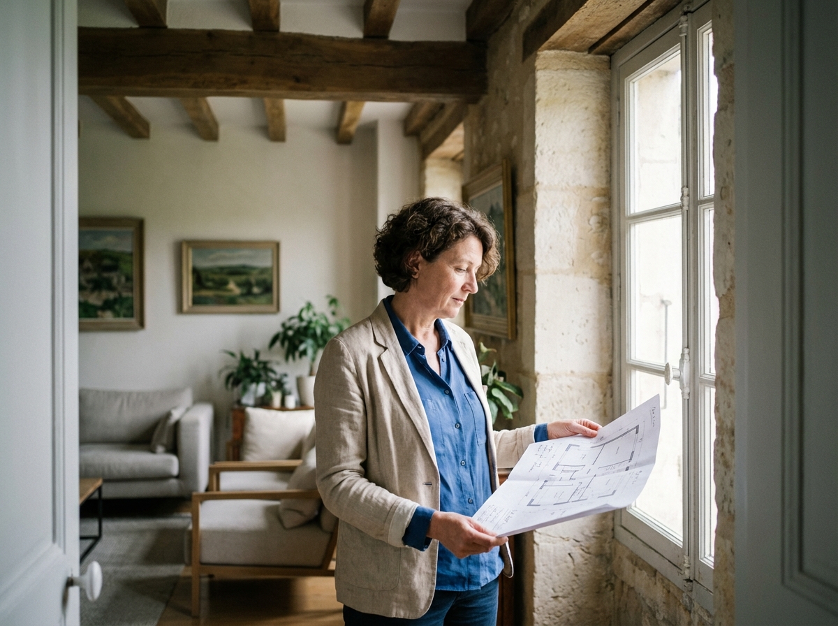 Femme regardant un plan de salle pour un séminaire