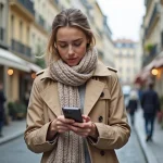 Jeune femme dans une rue lyonnaise regardant son smartphone