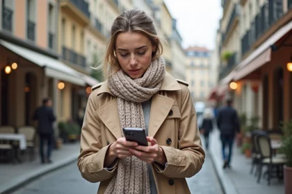 Jeune femme dans une rue lyonnaise regardant son smartphone
