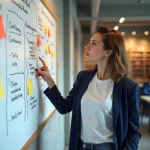 Jeune femme expliquant le marketing mix sur un tableau blanc dans un espace de co-working moderne