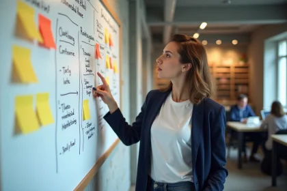 Jeune femme expliquant le marketing mix sur un tableau blanc dans un espace de co-working moderne