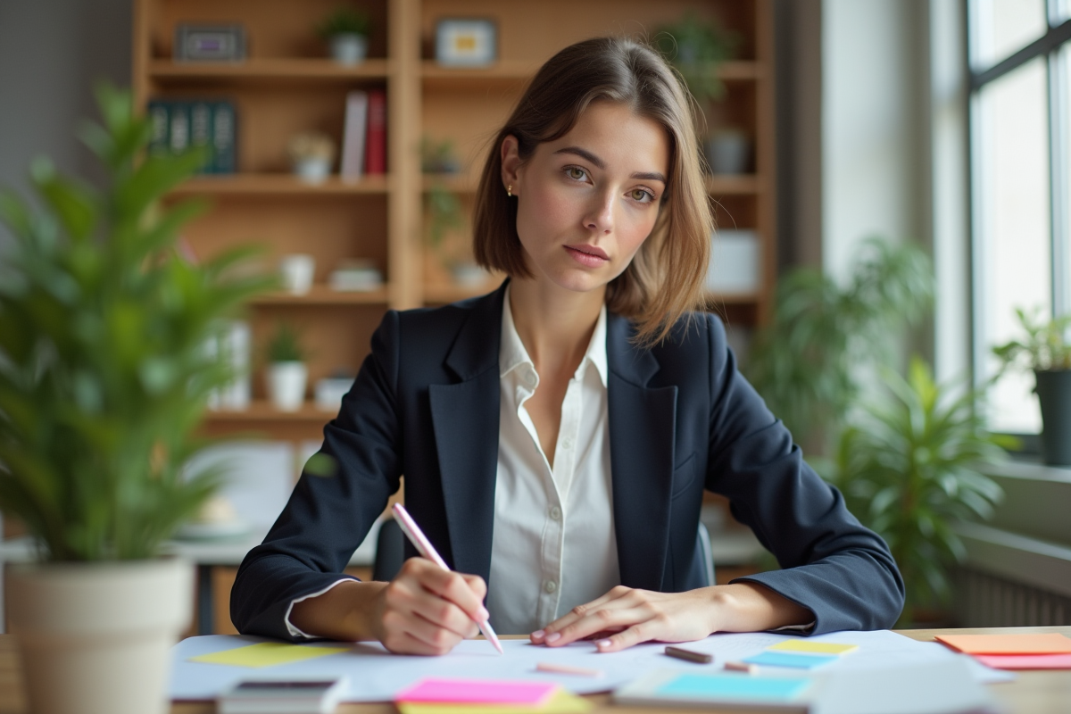 Jeune femme marketing organisant des notes colorées