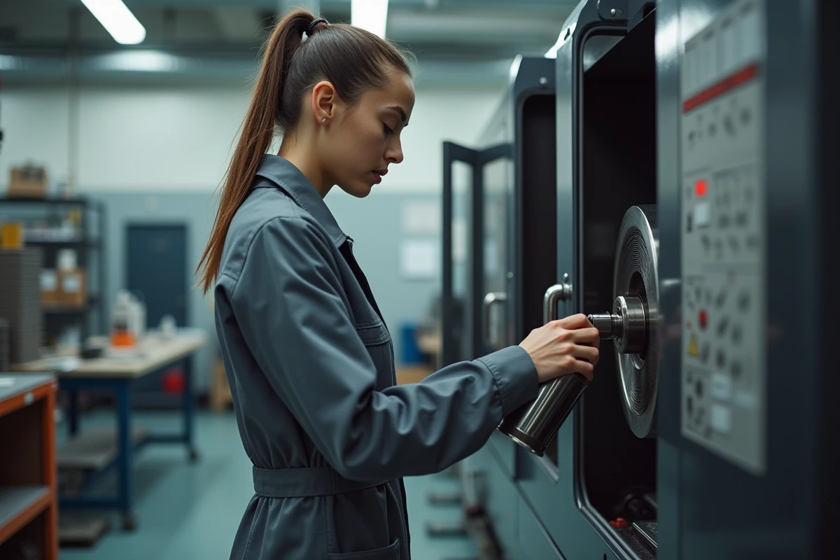 Jeune femme lubrifiant une machine CNC dans un atelier propre