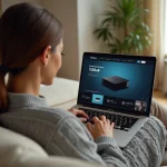 Femme parcourant le site Easytvshop sur un ordinateur portable depuis son salon moderne en 2026