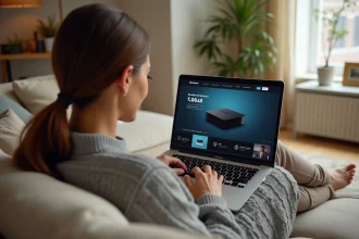 Femme parcourant le site Easytvshop sur un ordinateur portable depuis son salon moderne en 2026