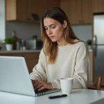 Femme utilisant un ordinateur portable à la maison pour se connecter