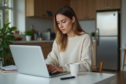 Femme utilisant un ordinateur portable à la maison pour se connecter