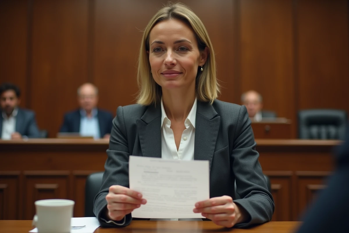 Femme présentant un document signé dans une salle d