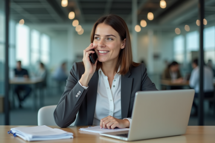 Femme professionnelle parlant au téléphone dans un bureau moderne
