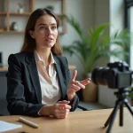 Jeune femme professionnelle parlant à la caméra dans un bureau lumineux