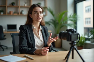 Jeune femme professionnelle parlant à la caméra dans un bureau lumineux