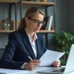 Femme professionnelle examinant des documents officiels de l'INPI sur son bureau dans un cadre administratif moderne