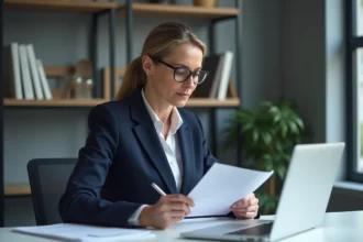 Femme professionnelle examinant des documents officiels de l'INPI sur son bureau dans un cadre administratif moderne