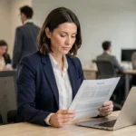 Femme professionnelle en bureau relisant une lettre administrative formelle avec attention