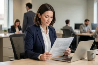 Femme professionnelle en bureau relisant une lettre administrative formelle avec attention
