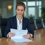 Femme professionnelle en réunion d'entreprise consultant un ordre du jour de CAL imprimé dans une salle de conférence moderne