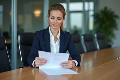 Femme professionnelle en réunion d'entreprise consultant un ordre du jour de CAL imprimé dans une salle de conférence moderne
