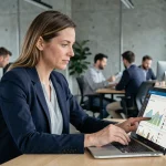 Femme professionnelle utilisant une plateforme numérique de gestion sur ordinateur portable dans un bureau moderne