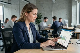 Femme professionnelle utilisant une plateforme numérique de gestion sur ordinateur portable dans un bureau moderne