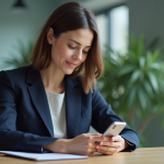 Jeune femme professionnelle regardant son smartphone en bureau