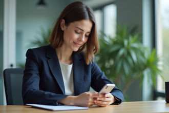Jeune femme professionnelle regardant son smartphone en bureau