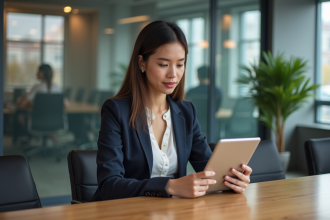 Jeune femme professionnelle en réunion avec tablette