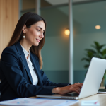 Femme en costume bureau regardant un ordinateur portable