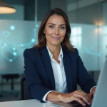 Femme en blazer navy travaillant sur un ordinateur dans un bureau moderne