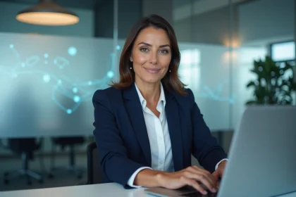 Femme en blazer navy travaillant sur un ordinateur dans un bureau moderne
