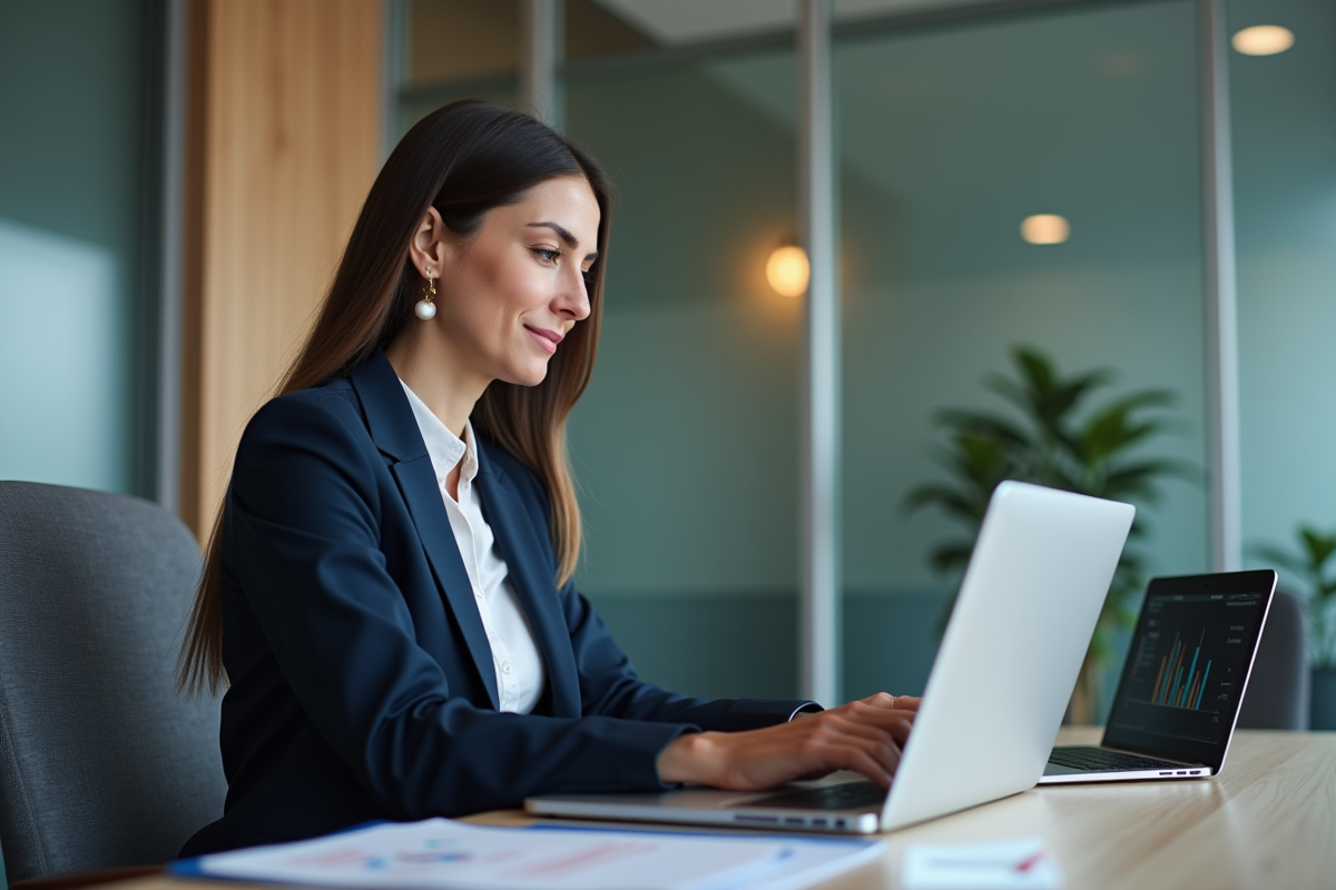 Femme en costume bureau regardant un ordinateur portable