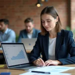 Femme en reconversion professionnelle analysant des données financières dans un espace de coworking moderne