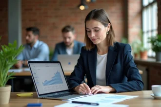 Femme en reconversion professionnelle analysant des données financières dans un espace de coworking moderne