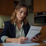 Femme d'âge moyen vérifiant son salaire à la maison