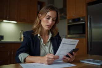 Femme d'âge moyen vérifiant son salaire à la maison